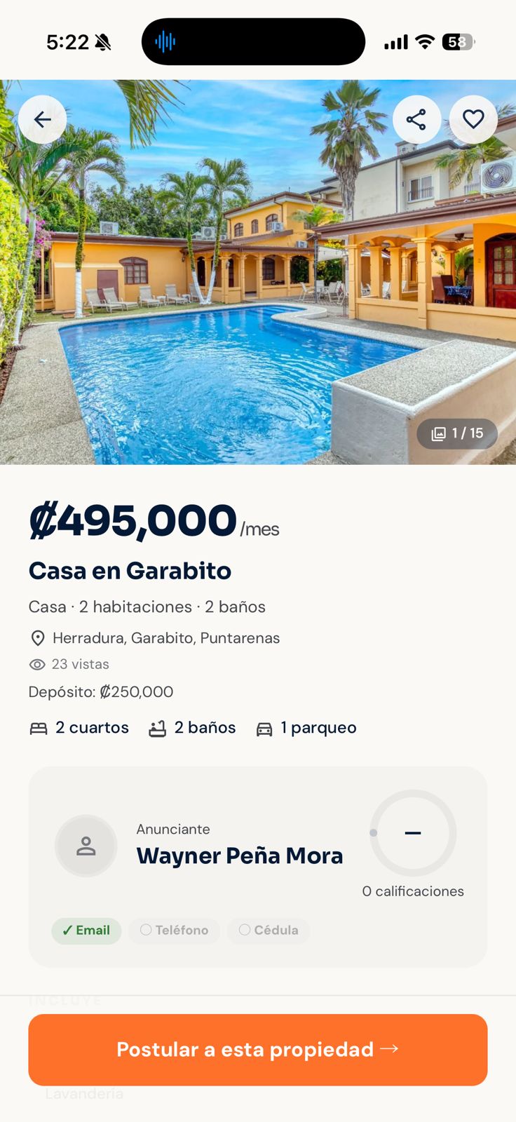 App Confío mostrando una propiedad en alquiler en Garabito con su precio mensual y la reputación del anunciante