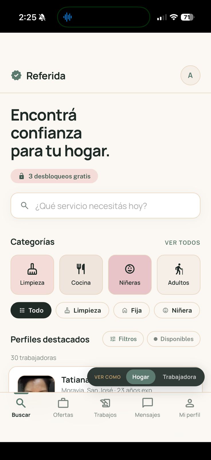 App Referida — buscador de servicios domésticos de confianza para el hogar con categorías y perfiles destacados