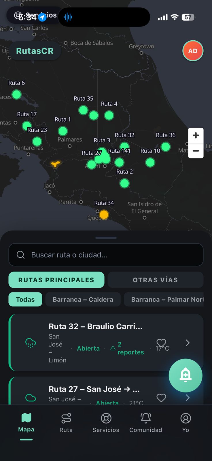 App RutasCR mostrando el mapa de carreteras de Costa Rica en tiempo real con el estado de las rutas